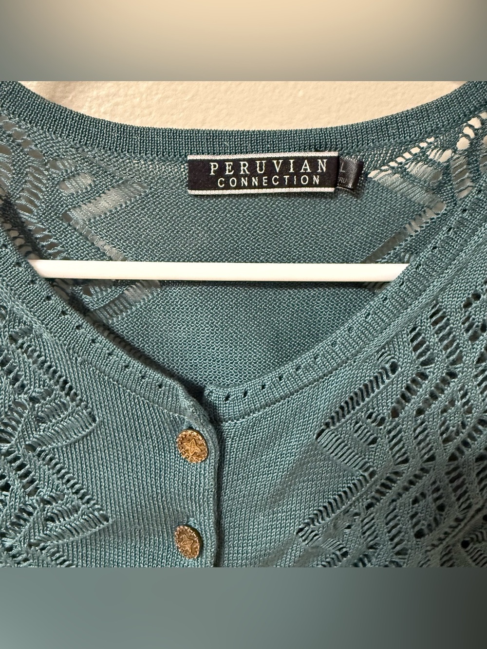 Peruvian Connection Green Chaco Lace Cardigan Sweater Large Lightweight - Picture 2 of 11